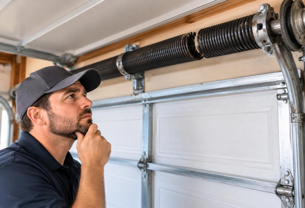 Garage door technician inspecting a worn torsion spring above a residential garage door for signs of damage and potential failure.